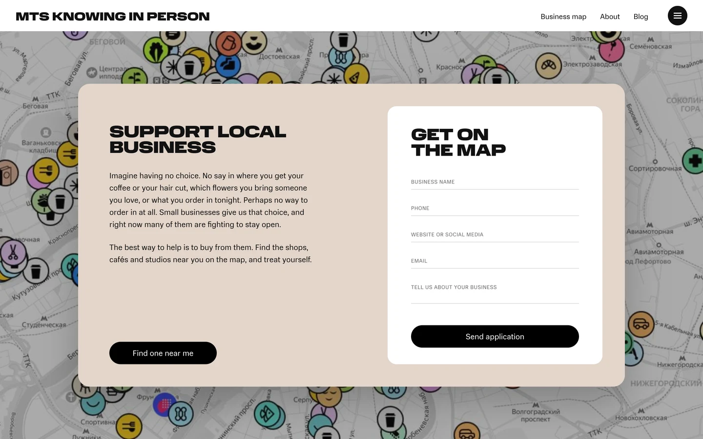 The Knowing in Person map with a pop-up: support local business by ordering from it, or get your own business on the map