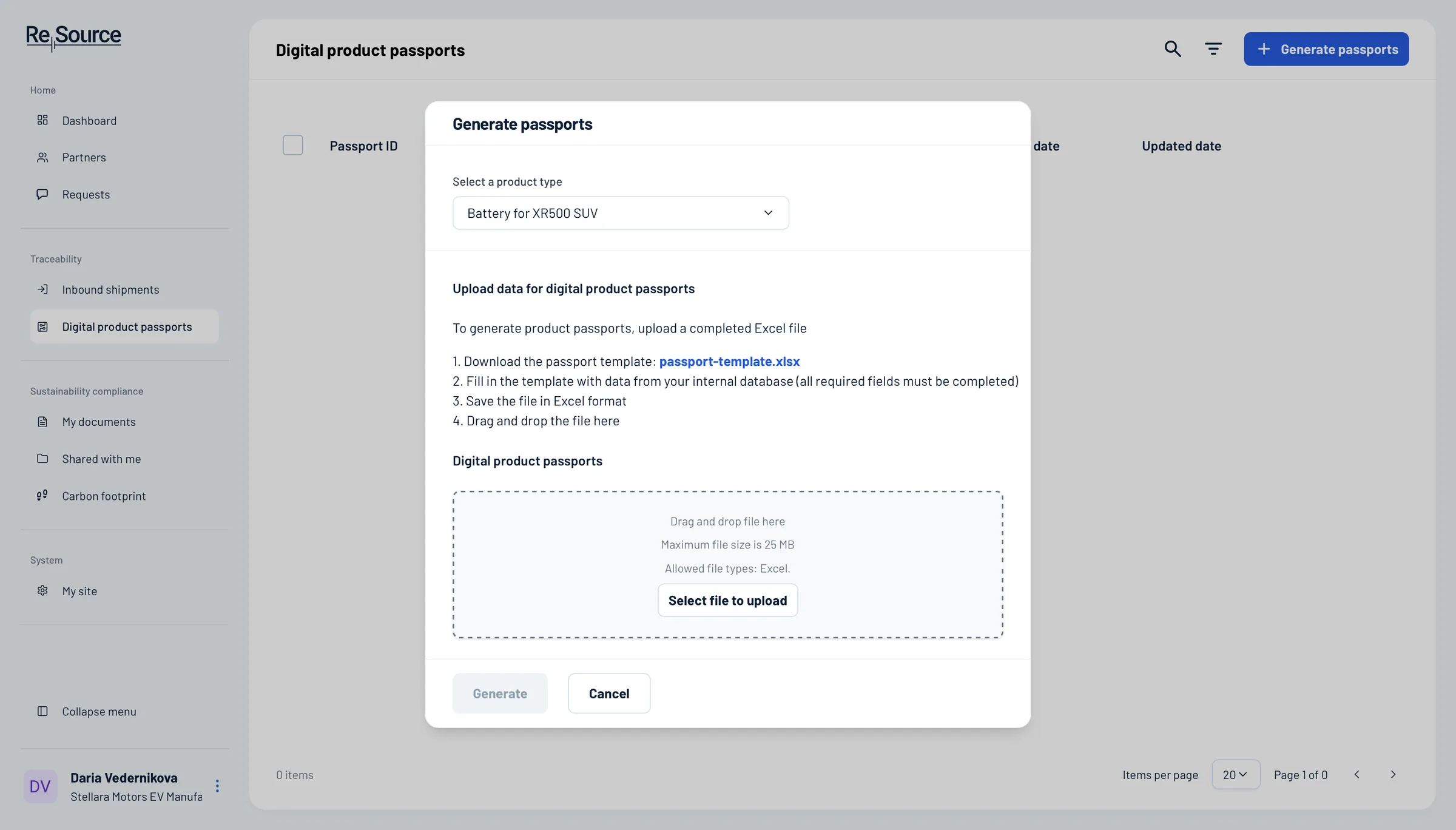 Generating digital product passports for a battery from an Excel template